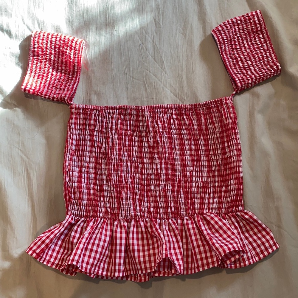 Off the shoulder red and white plaid crop top